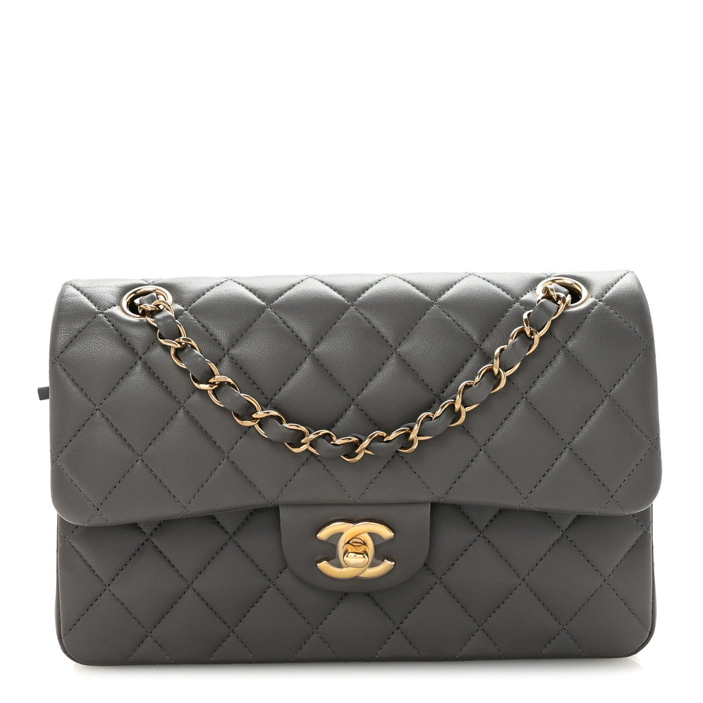 Lambskin Quilted Small Double Flap Grey wholesalehk.shop
