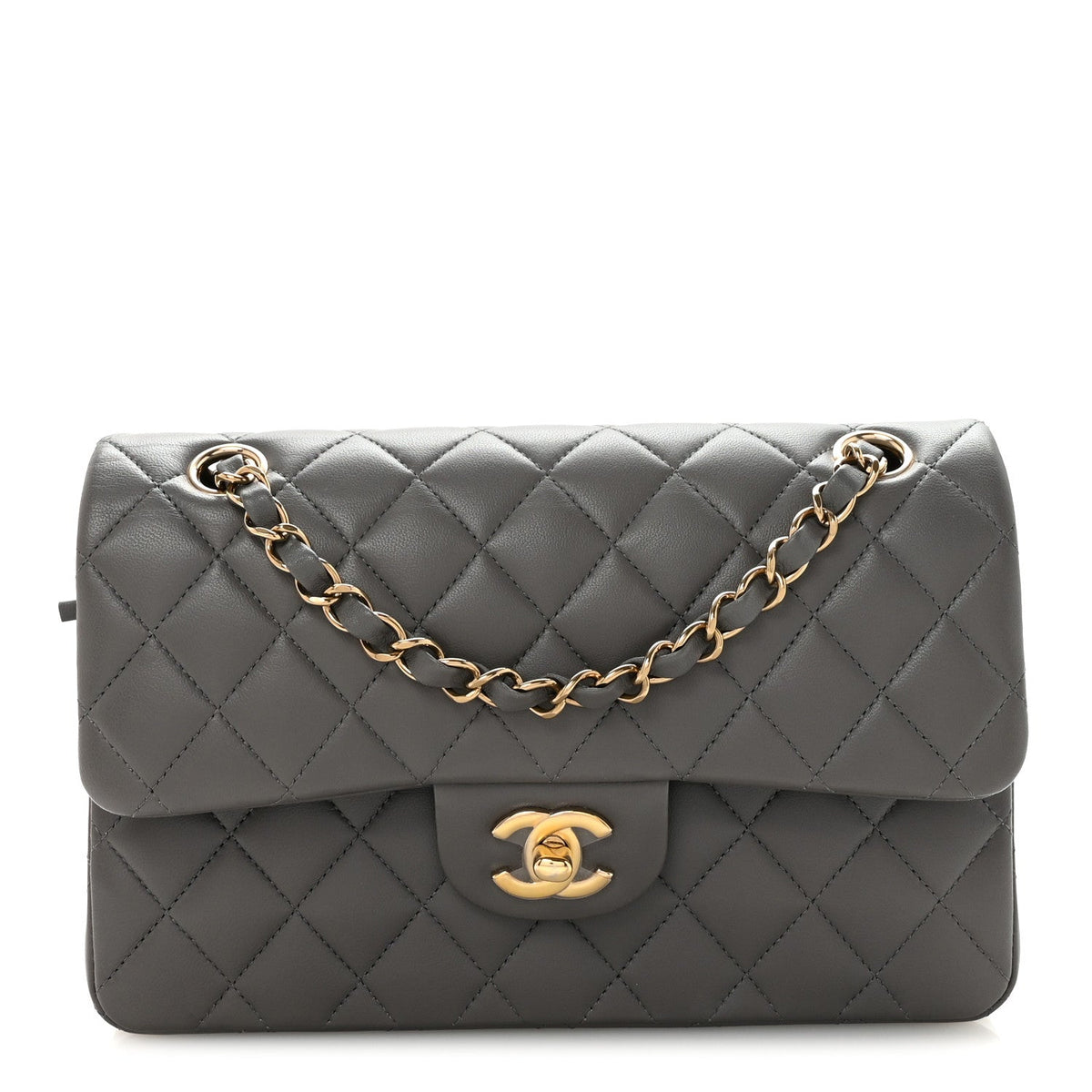 Lambskin Quilted Small Double Flap Grey wholesalehk.shop