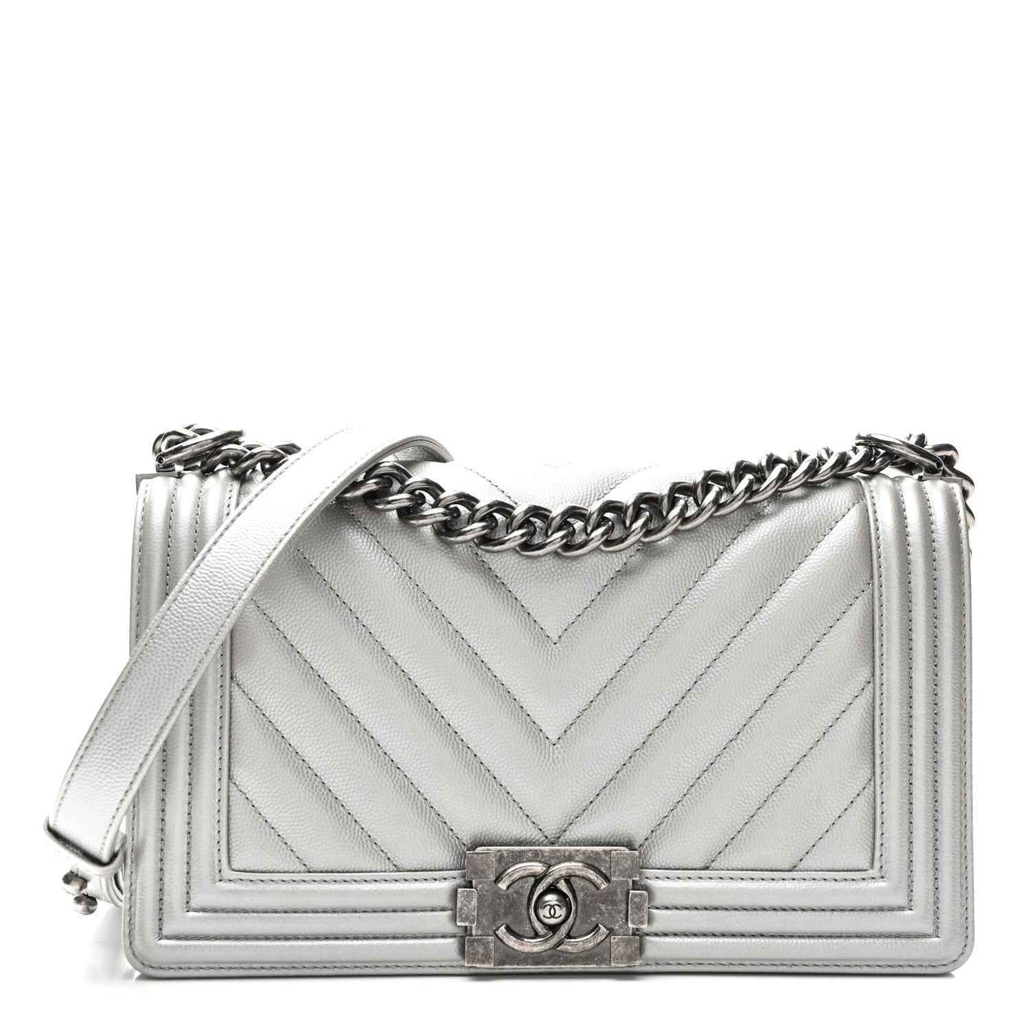 Metallic Caviar Chevron Quilted Medium Boy Flap Silver wholesalehk.shop
