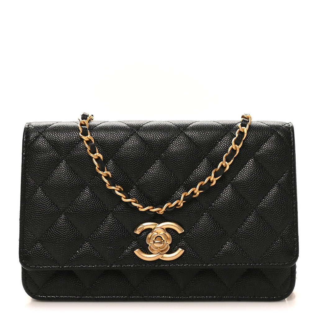 Caviar Quilted Camellia Wallet On Chain WOC Black wholesalehk.shop
