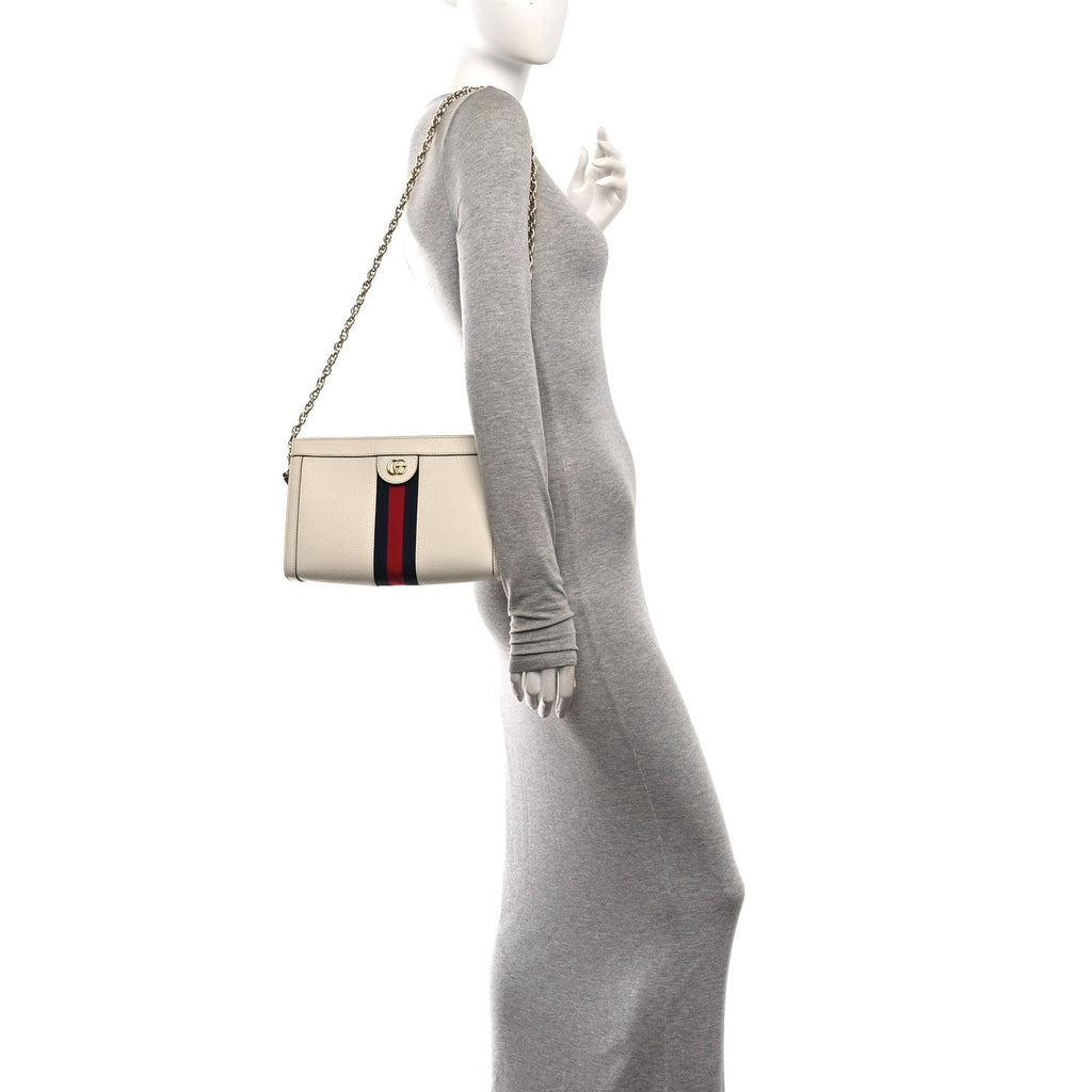 Textured Calfskin Web Small Ophidia Chain Shoulder Bag Mystic White wholesalehk.shop