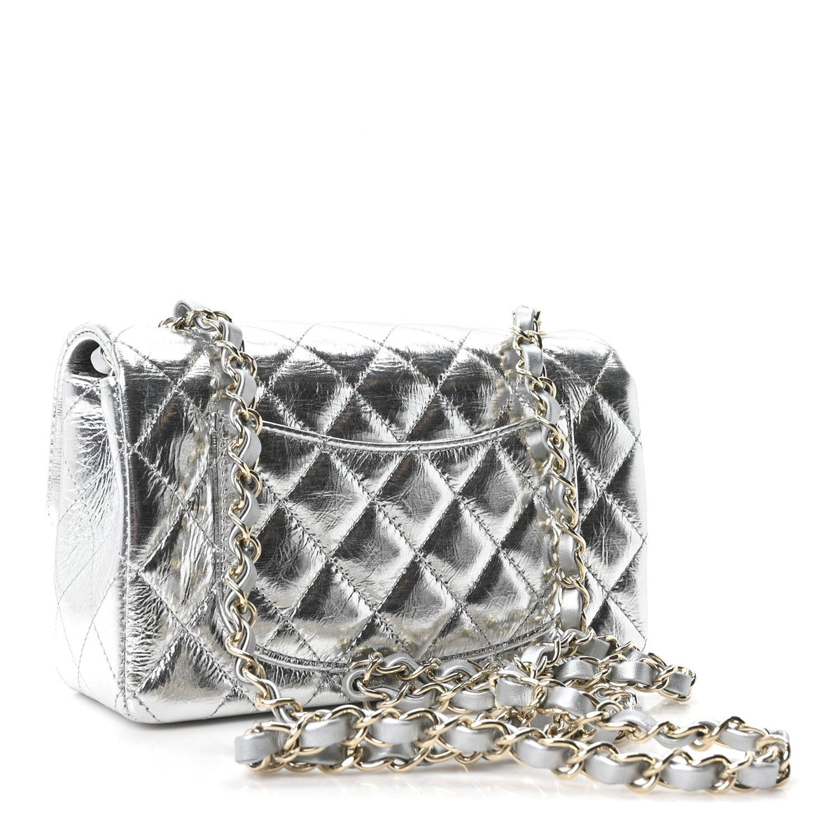 Hammered Metallic Calfskin Quilted Small Double Flap Silver wholesalehk.shop