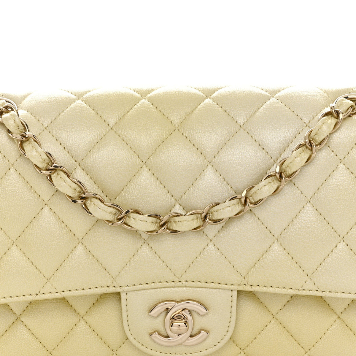 Cloudy Pearly Goatskin Quilted Medium Double Flap Light Yellow wholesalehk.shop