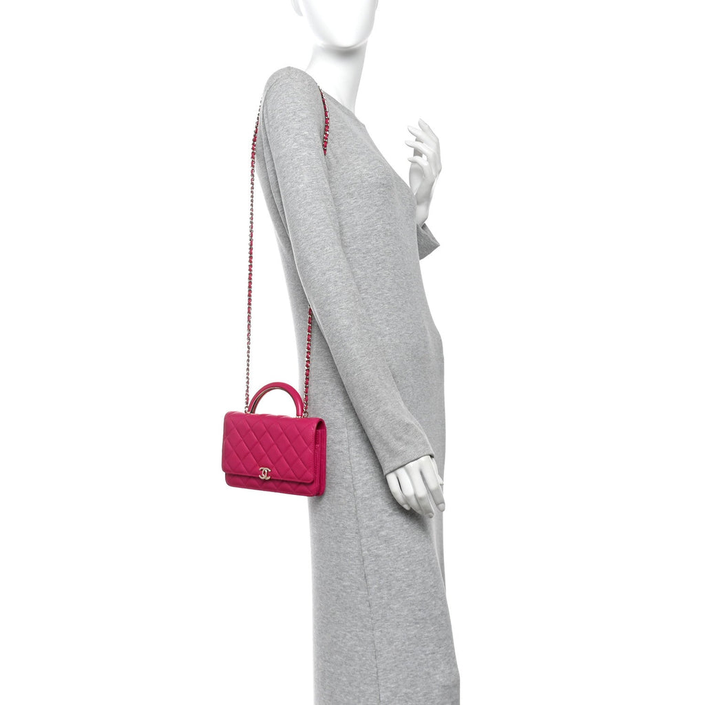 Lambskin Quilted Top Handle Wallet On Chain WOC Pink wholesalehk.shop