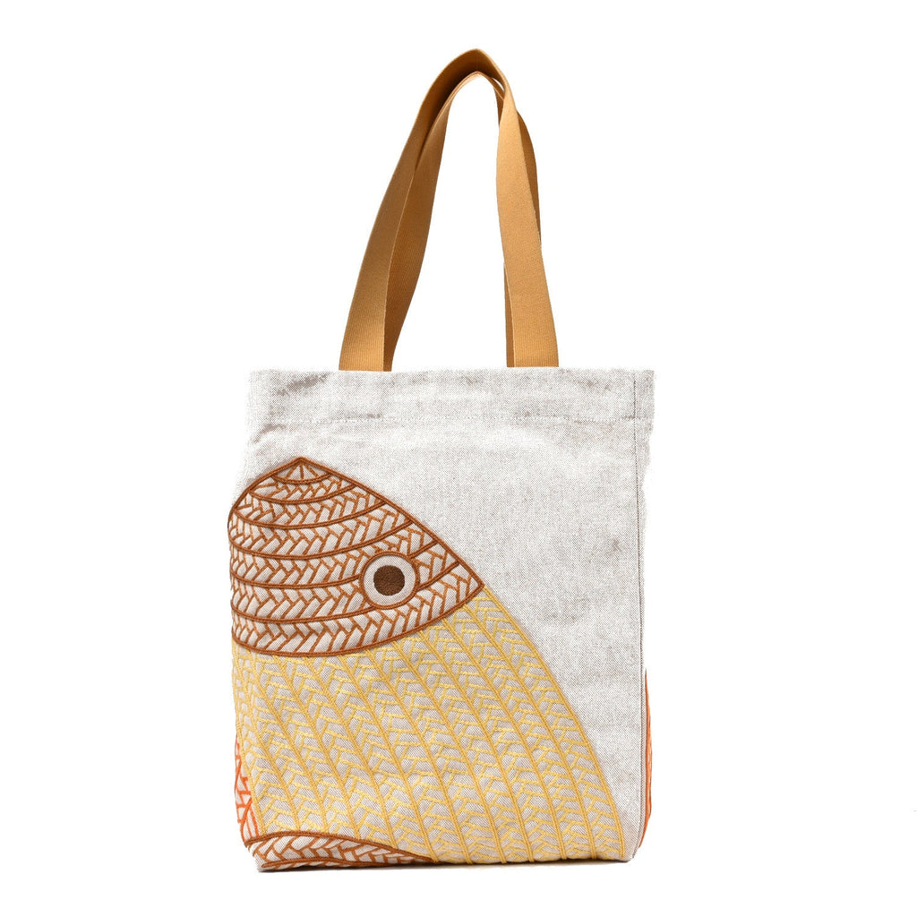 H Canvas Embroidered Poisson Natte Beach Bag Camel Jaune £¨ Direct shipment via from wholesalehk.shop