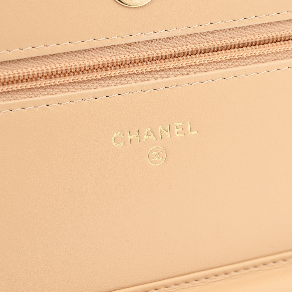 Lambskin Quilted Wallet On Chain WOC Beige Black wholesalehk.shop