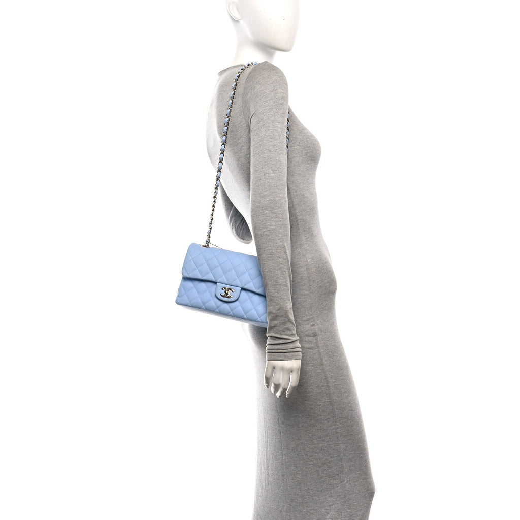 Caviar Quilted Small Double Flap Light Blue wholesalehk.shop