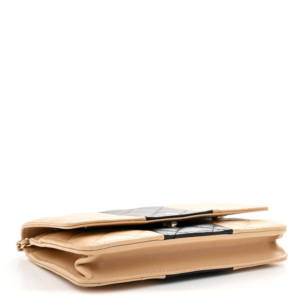 Lambskin Quilted Wallet On Chain WOC Beige Black wholesalehk.shop