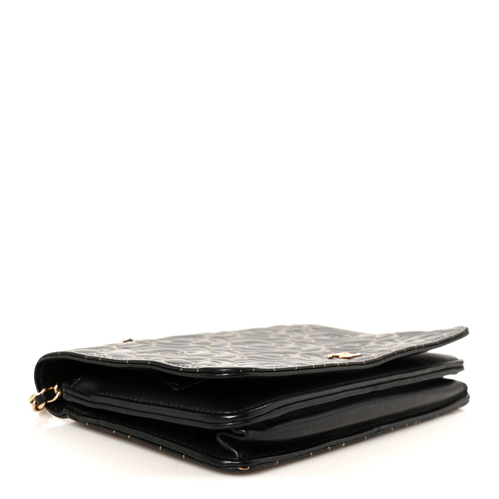 Lambskin Camellia Embossed Wallet On Chain WOC Black Gold wholesalehk.shop