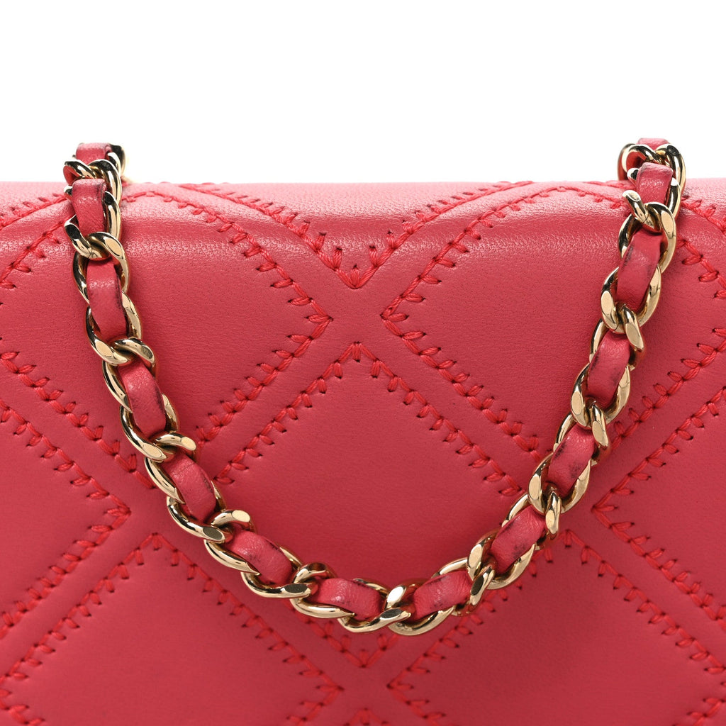 Lambskin Quilted Double Stitch Tassel Wallet On Chain WOC Pink wholesalehk.shop