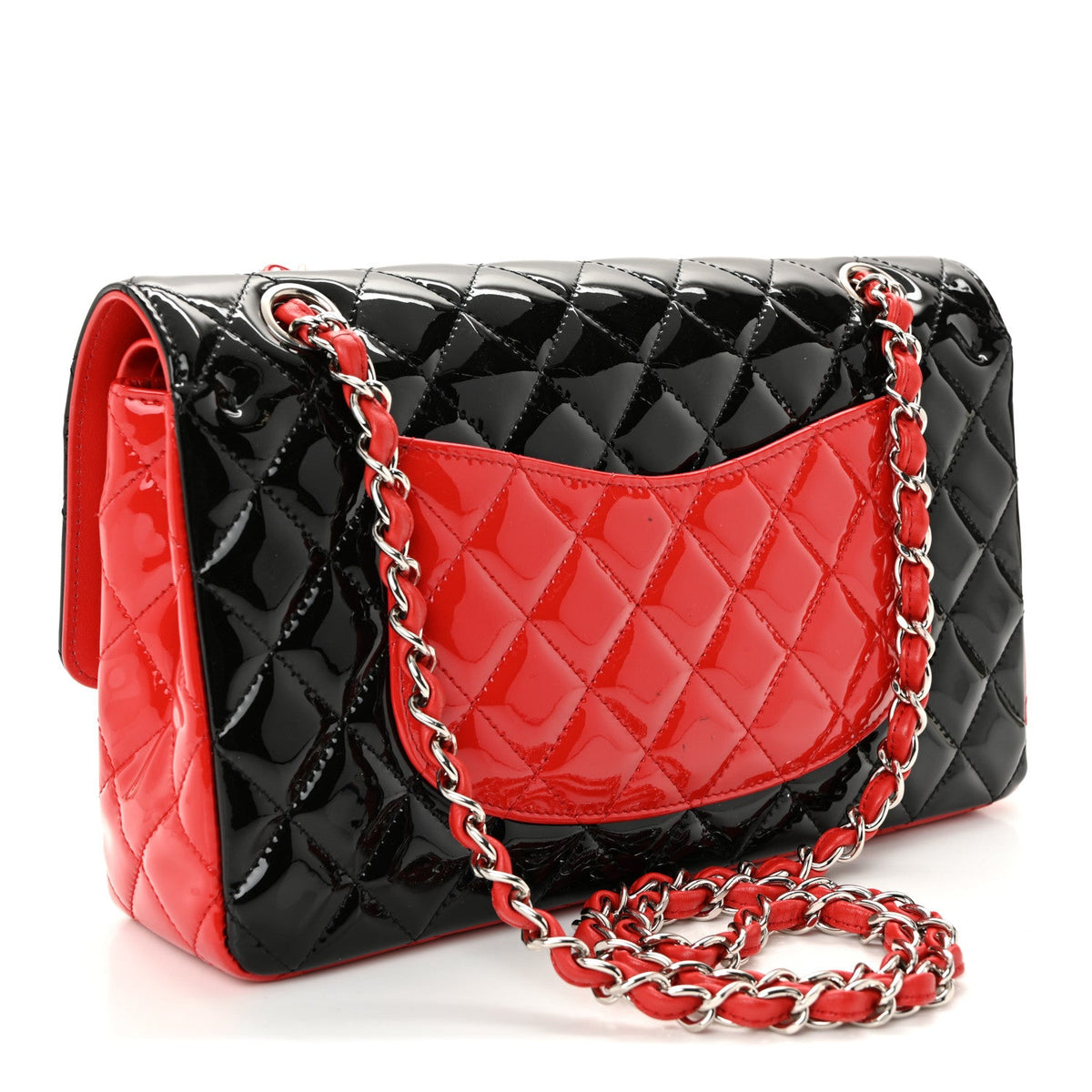Patent Calfskin Quilted Bi-Color Medium Double Flap Black Red wholesalehk.shop