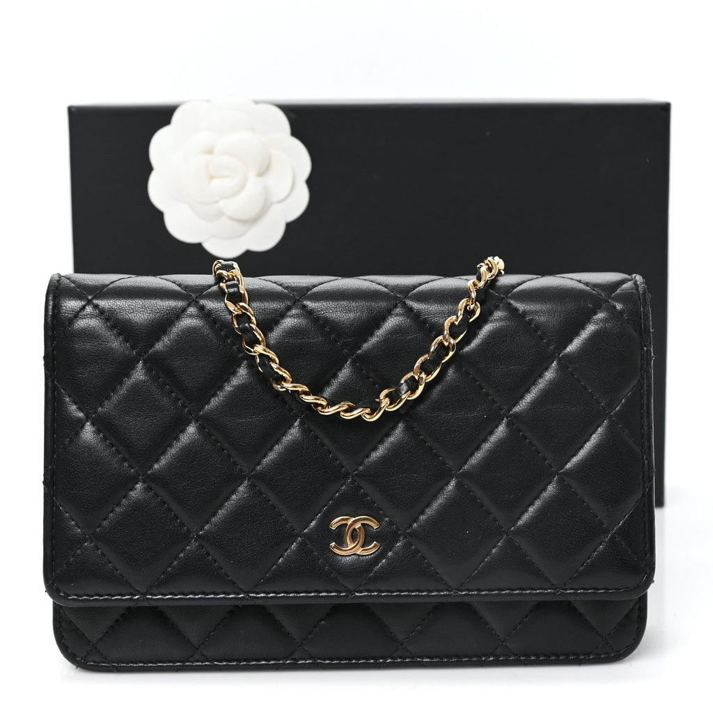Lambskin Quilted Wallet On Chain WOC Black wholesalehk.shop