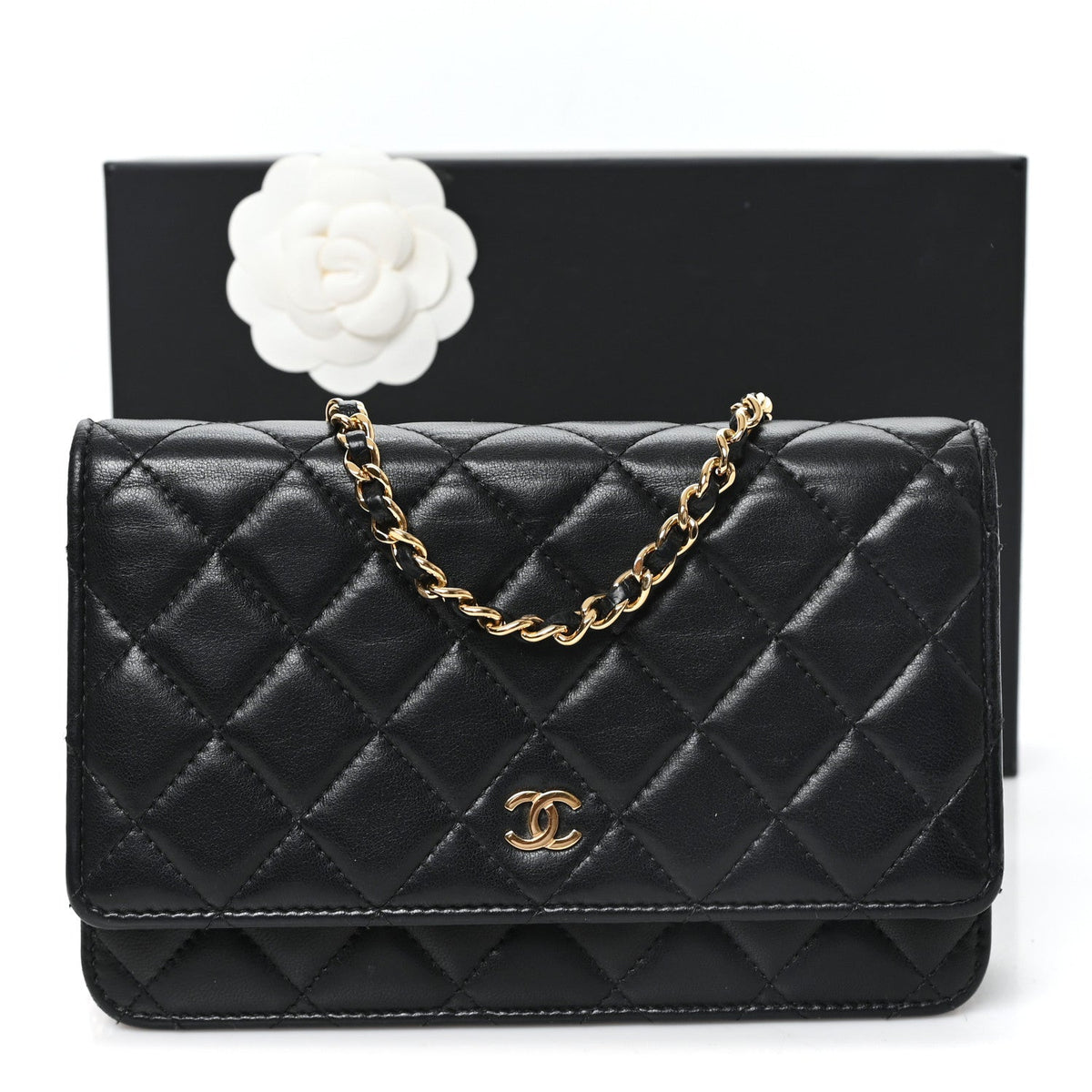 Lambskin Quilted Wallet On Chain WOC Black wholesalehk.shop