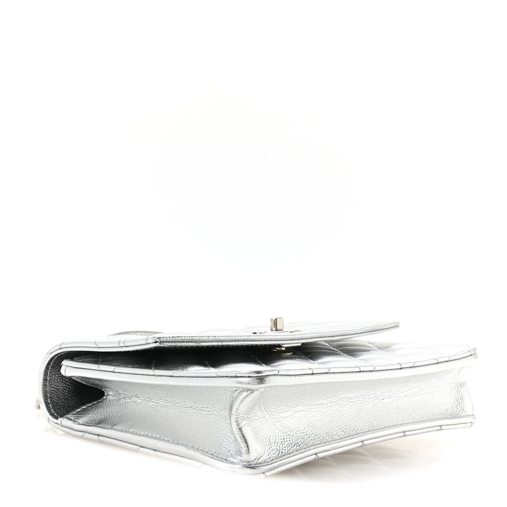 Metallic Caviar Quilted Top Handle Wallet on Chain WOC Silver wholesalehk.shop