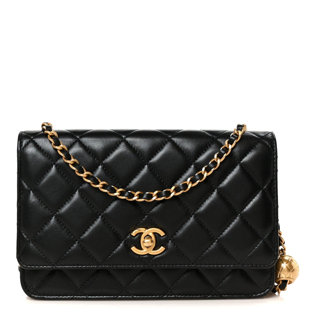 Lambskin Quilted CC Pearl Crush Wallet on Chain WOC Black wholesalehk.shop