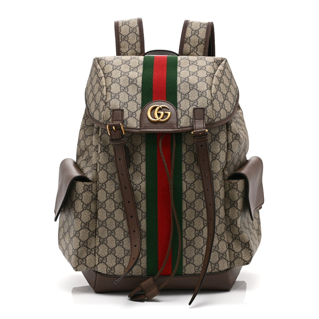GG Supreme Monogram Medium Ophidia Double Buckle Backpack Brown wholesalehk.shop