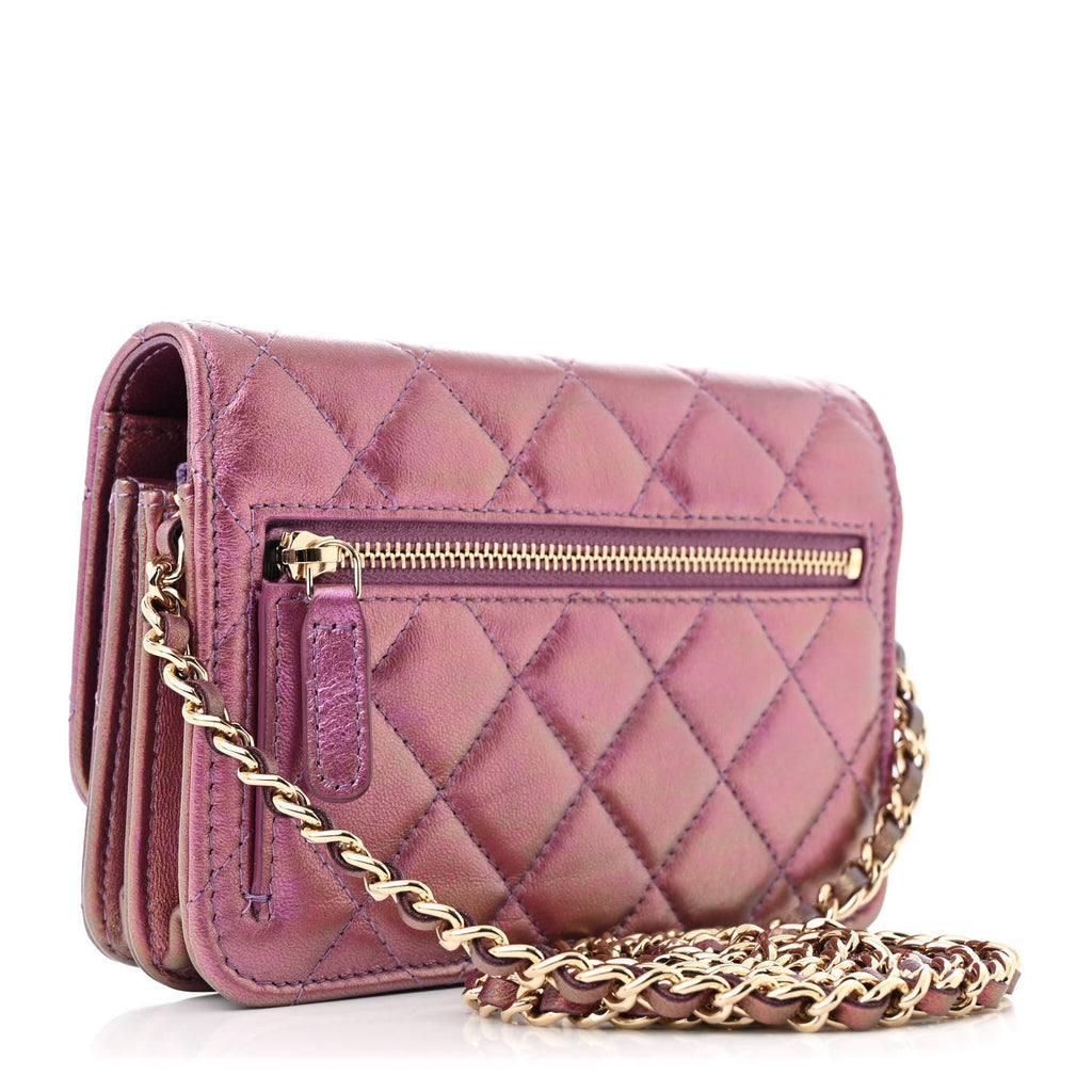 Iridescent Lambskin Quilted Mini Wallet On Chain WOC Purple wholesalehk.shop