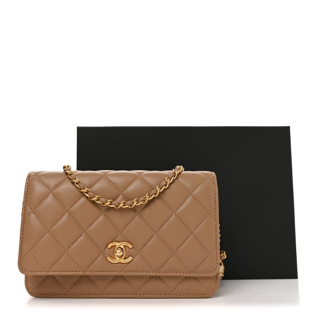 Lambskin Quilted CC Pearl Crush Wallet on Chain WOC Beige wholesalehk.shop