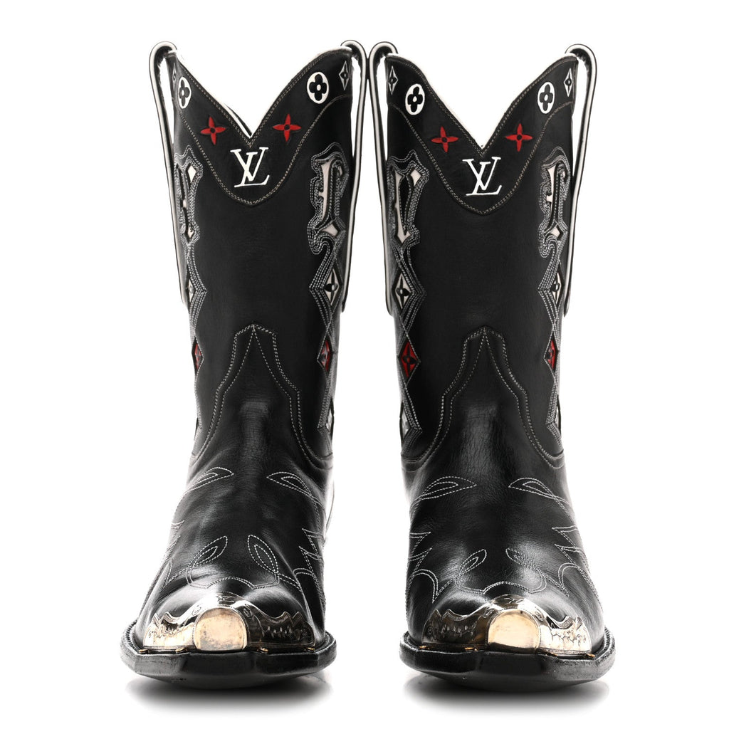 Calfskin LV Texan Mens Rider Boots 10.5 Black Silver £¨ Direct shipment via from wholesalehk.shop