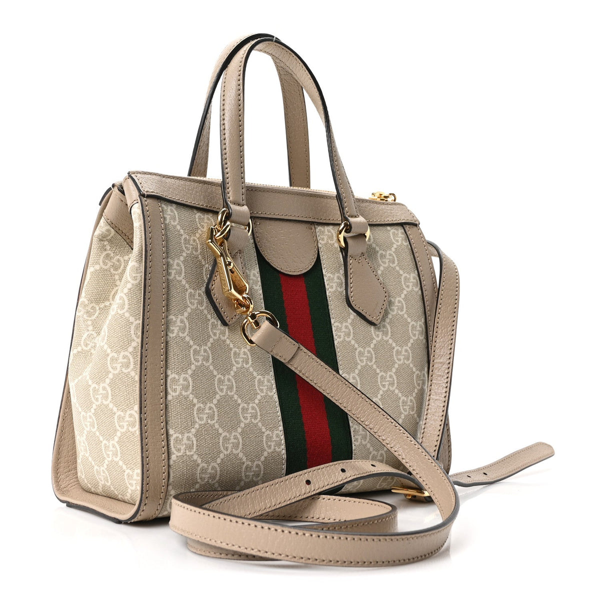 GG Supreme Monogram Textured Dollar Calfskin Web Small Ophidia Tote Bag Beige Mystic White Oatmeal wholesalehk.shop