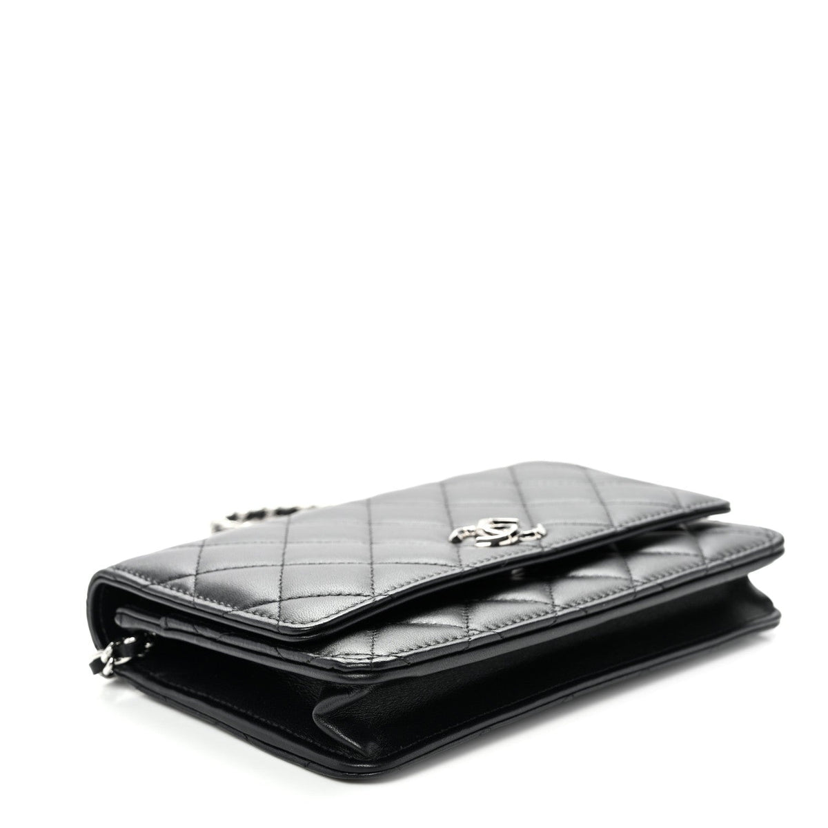 Lambskin Quilted Enamel CC Wallet on Chain WOC Black wholesalehk.shop