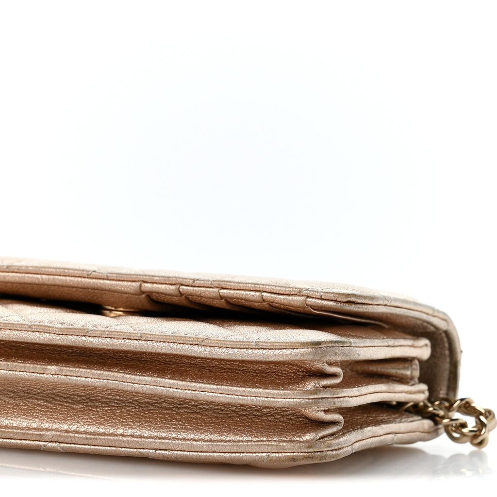 Metallic Lambskin Quilted Mini Wallet On Chain WOC Gold wholesalehk.shop