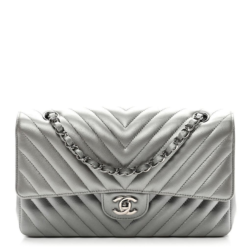 Metallic Caviar Chevron Quilted Medium Double Flap Silver wholesalehk.shop
