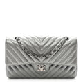 Metallic Caviar Chevron Quilted Medium Double Flap Silver wholesalehk.shop
