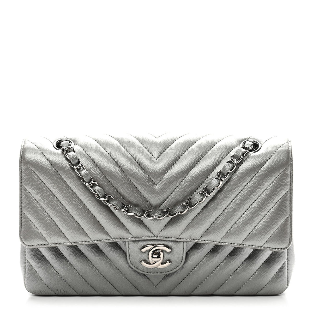 Metallic Caviar Chevron Quilted Medium Double Flap Silver wholesalehk.shop