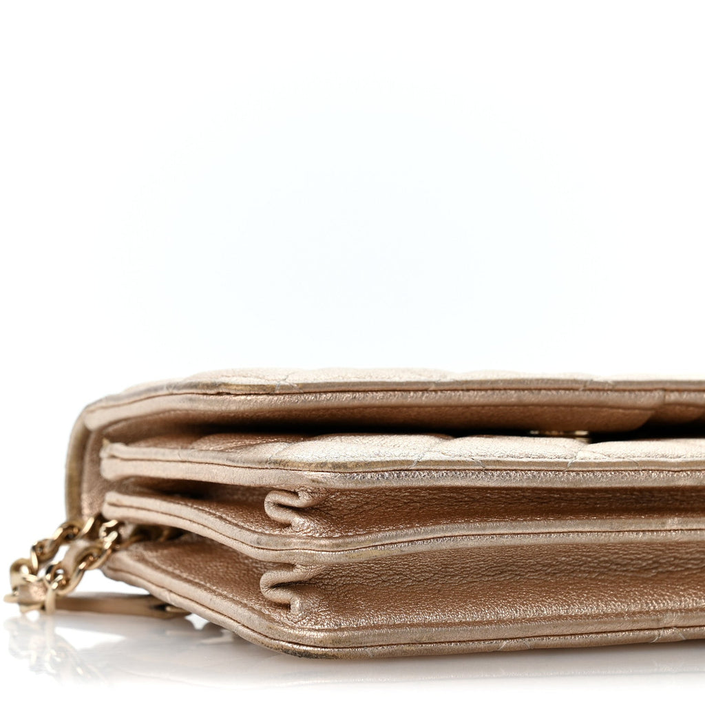 Metallic Lambskin Quilted Mini Wallet On Chain WOC Gold wholesalehk.shop