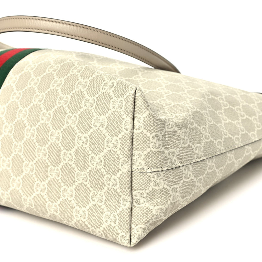 GG Supreme Monogram Textured Dollar Calfskin Web Medium Ophidia Shopping Tote Beige Mystic White Oatmeal wholesalehk.shop