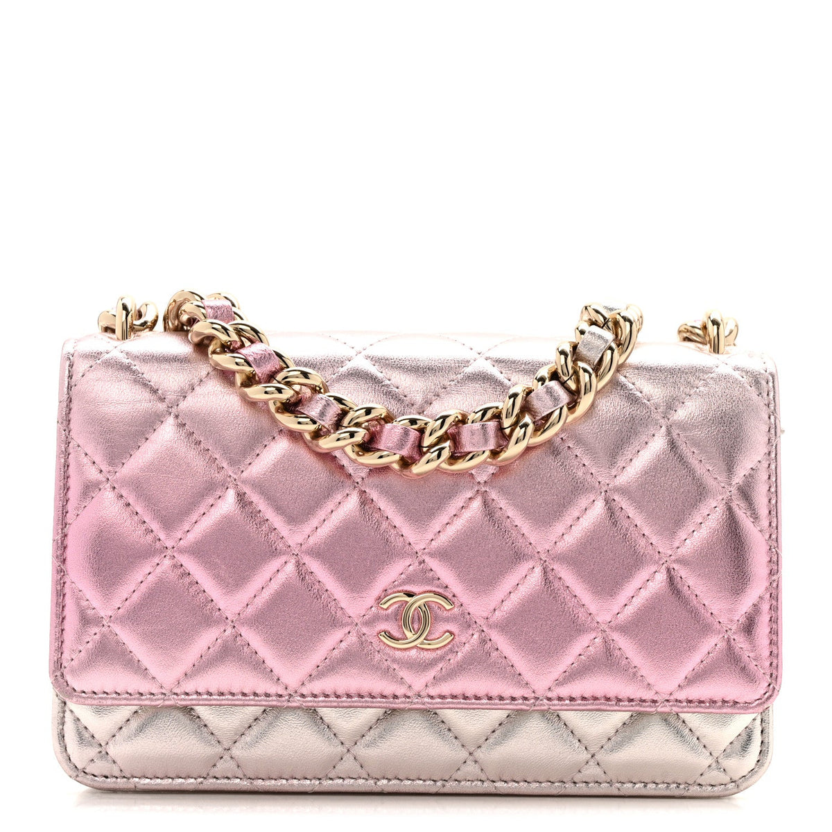 Gradient Metallic Lambskin Quilted Like A Wallet Wallet On Chain WOC Gold Pink wholesalehk.shop