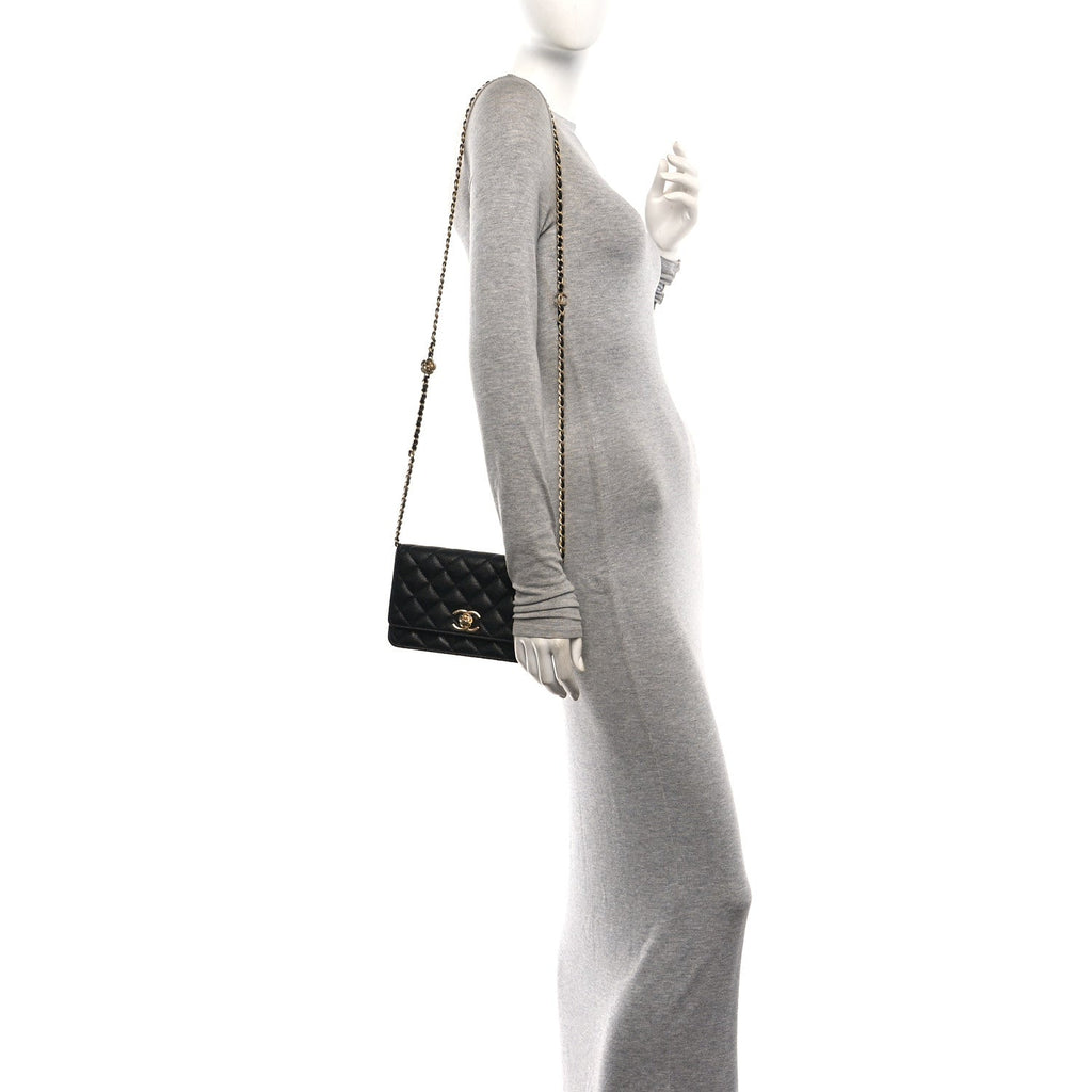 Caviar Quilted Camellia Wallet On Chain WOC Black wholesalehk.shop