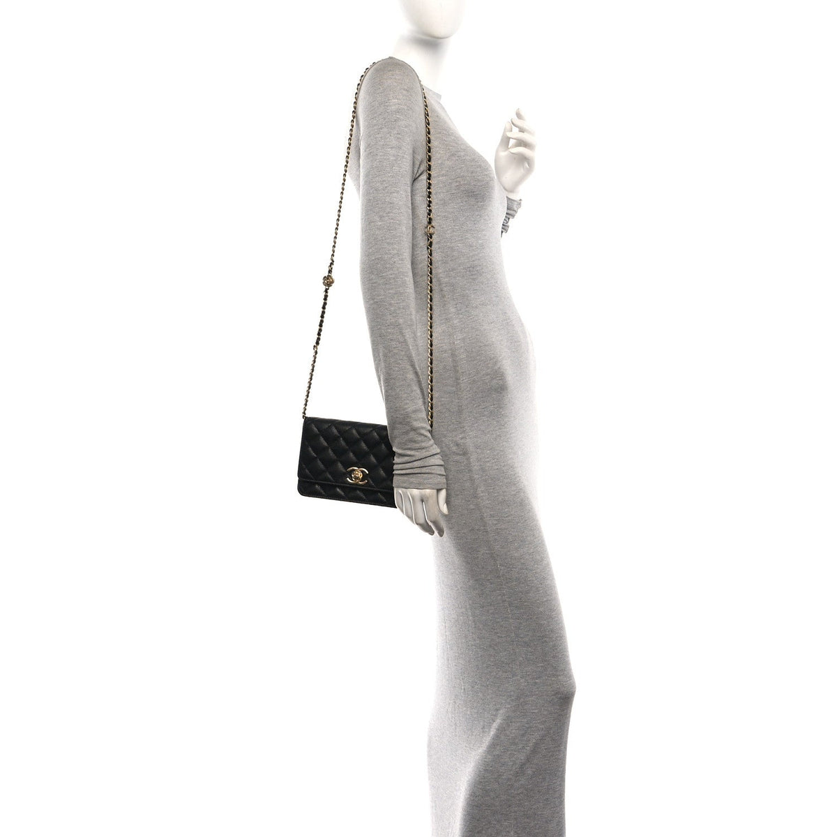 Caviar Quilted Camellia Wallet On Chain WOC Black wholesalehk.shop