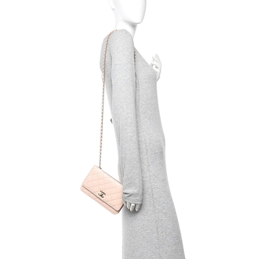 Lambskin Quilted Trendy CC Wallet On Chain WOC Light Beige wholesalehk.shop