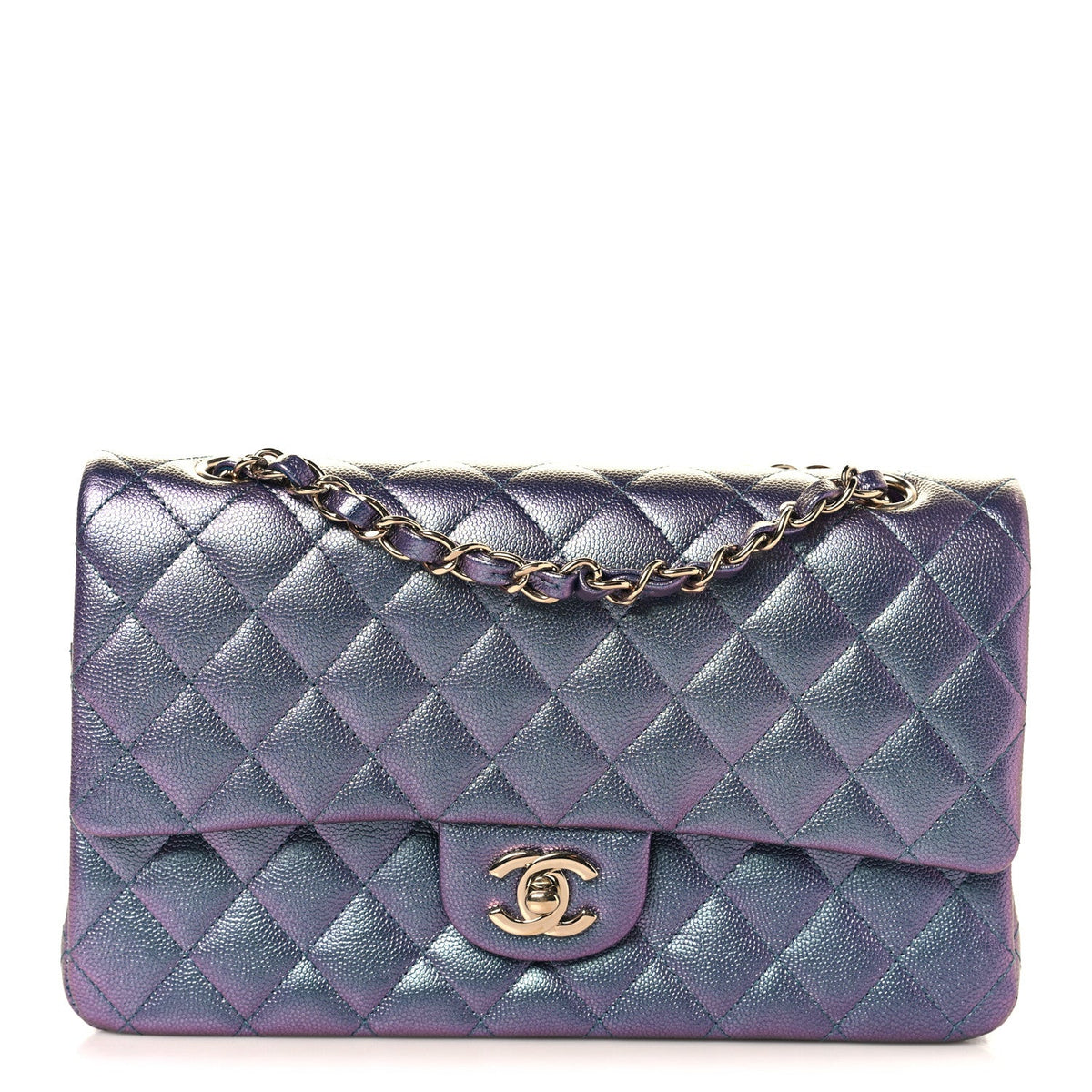 Iridescent Caviar Quilted Medium Double Flap Purple wholesalehk.shop