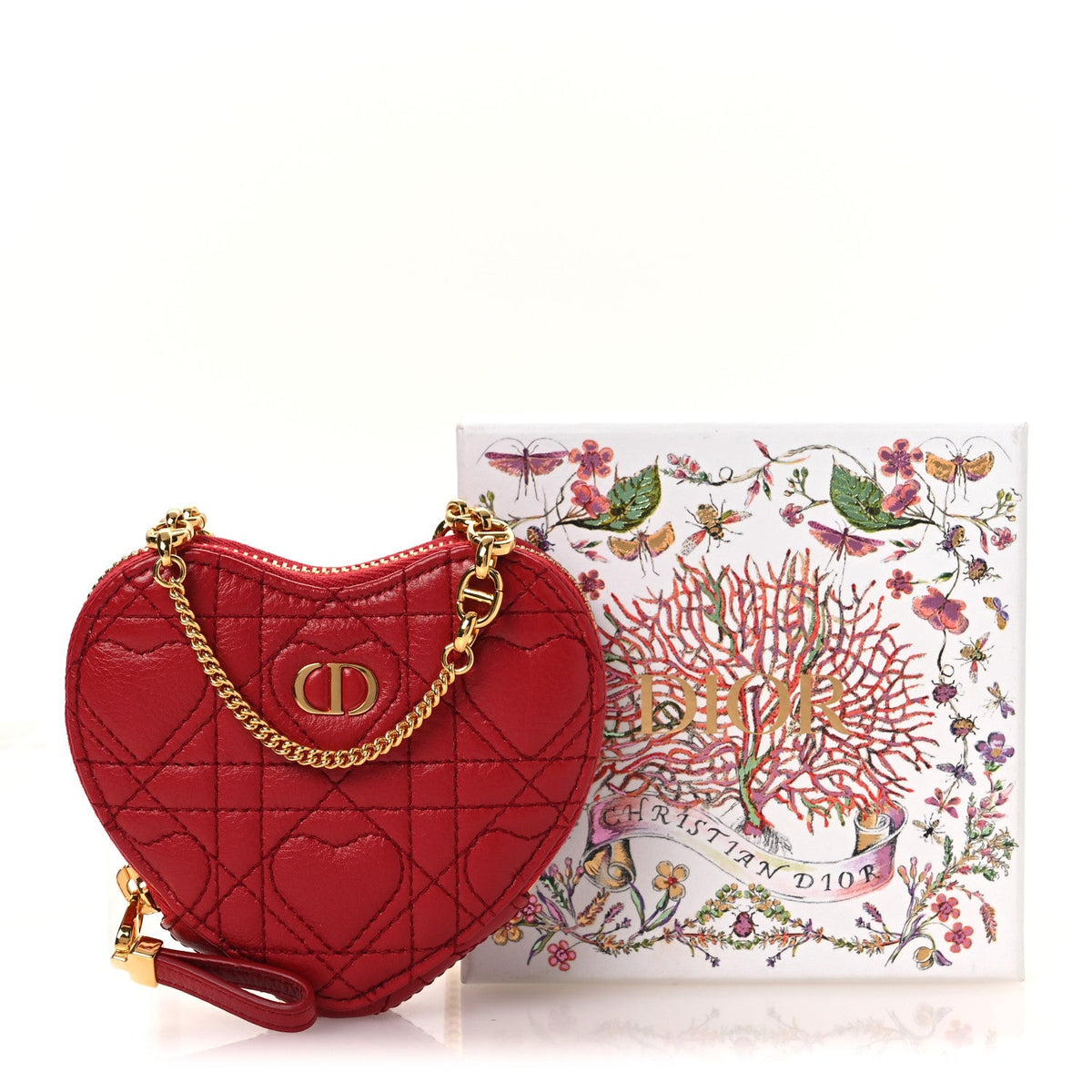 Calfskin Cannage Dioramour Caro Heart Pouch With Chain Bright Red wholesalehk.shop