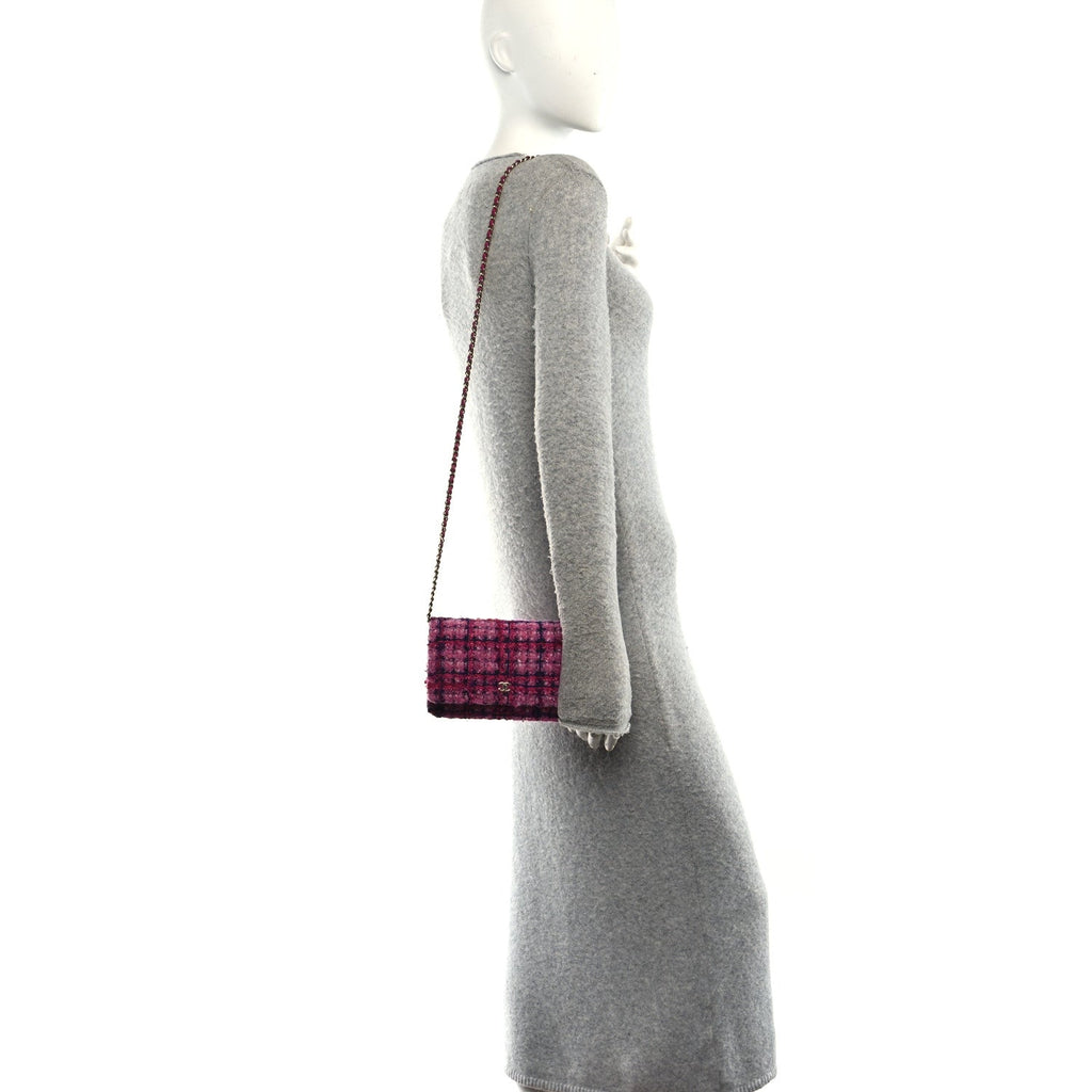 Tweed Quilted Wallet On Chain WOC Fuchsia Purple wholesalehk.shop