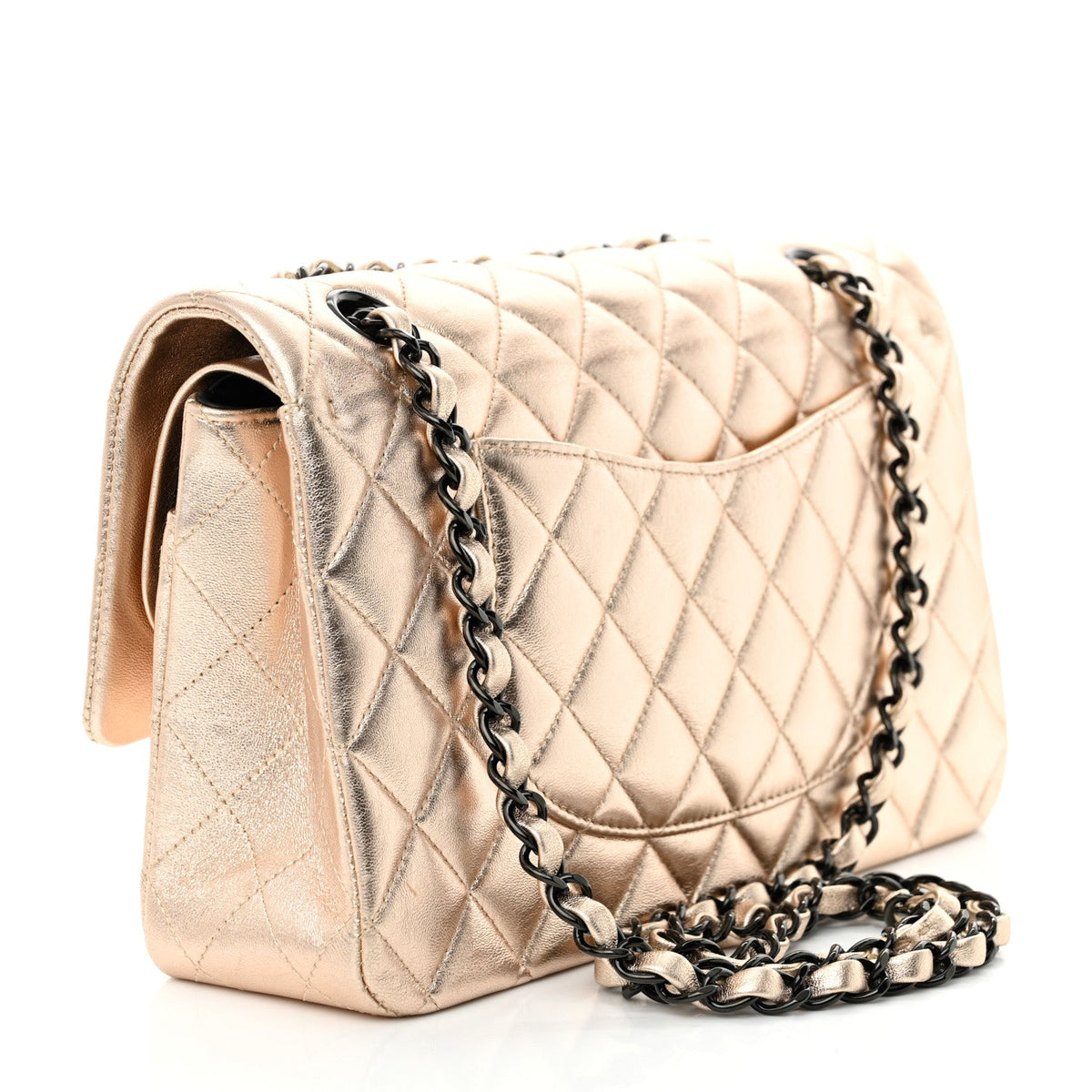 Metallic Lambskin Quilted Medium Double Flap Gold Black wholesalehk.shop