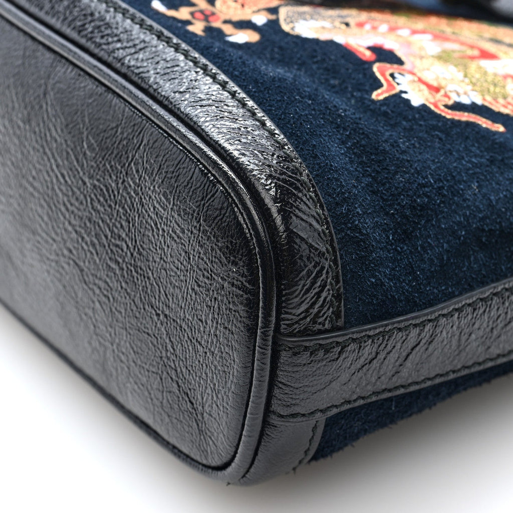 Suede Patent Dragon Embroidered Medium Dionysus Bucket Bag Dark Blue wholesalehk.shop