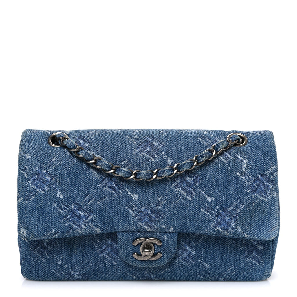 Denim Bleached Chain Medium Double Flap Blue wholesalehk.shop