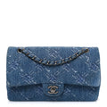 Denim Bleached Chain Medium Double Flap Blue wholesalehk.shop