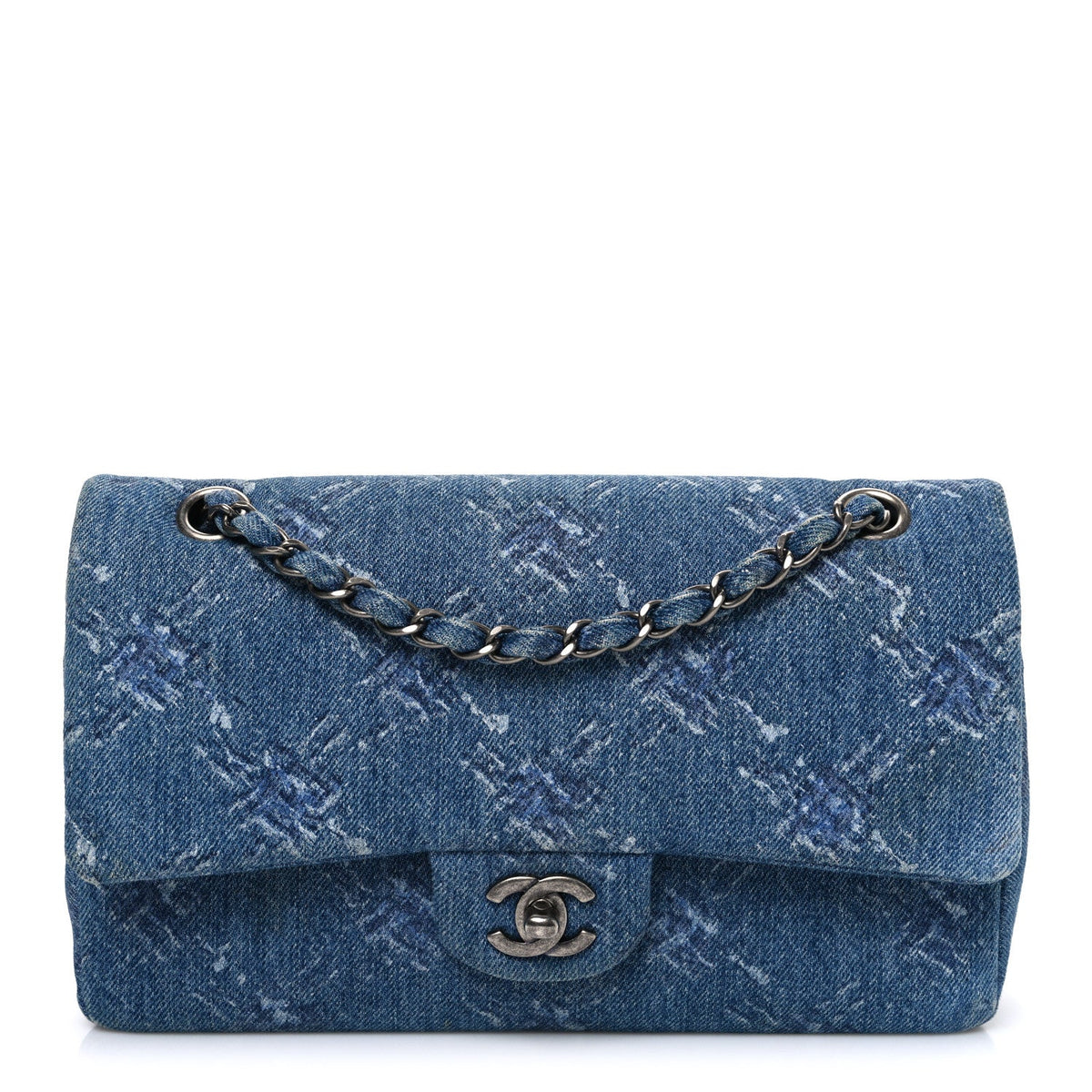 Denim Bleached Chain Medium Double Flap Blue wholesalehk.shop