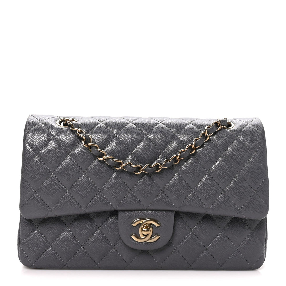 Caviar Quilted Medium Double Flap Dark Grey wholesalehk.shop