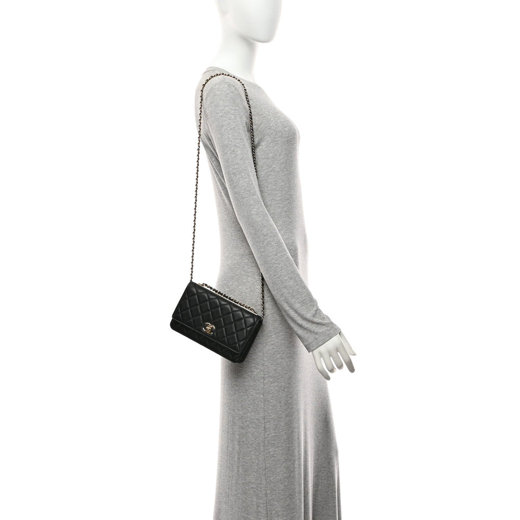 Lambskin Quilted Trendy CC Wallet On Chain WOC Black wholesalehk.shop