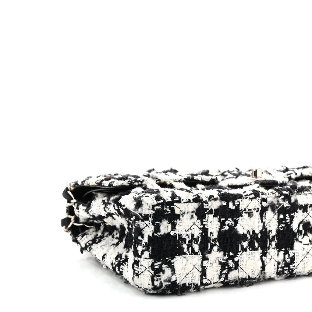 Tweed Sequin Quilted Medium Double Flap Black White wholesalehk.shop