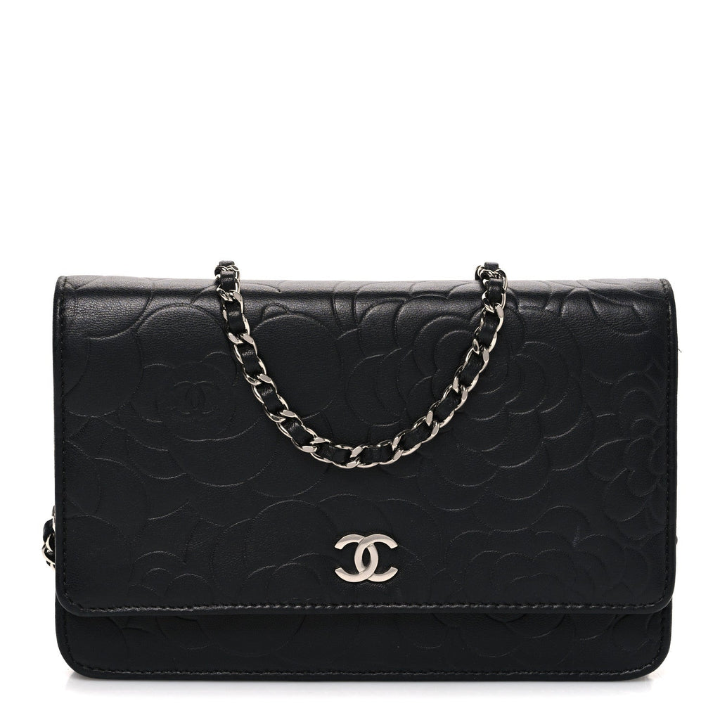 Lambskin Camellia Embossed Wallet on Chain WOC Black wholesalehk.shop