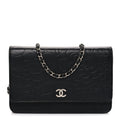 Lambskin Camellia Embossed Wallet on Chain WOC Black wholesalehk.shop