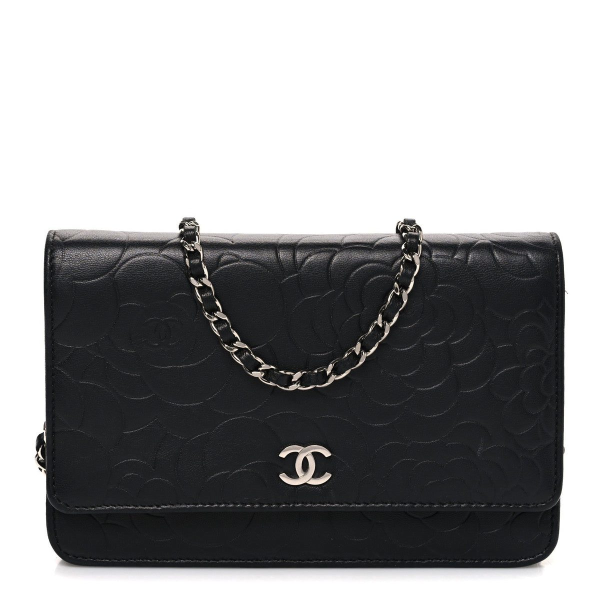 Lambskin Camellia Embossed Wallet on Chain WOC Black wholesalehk.shop