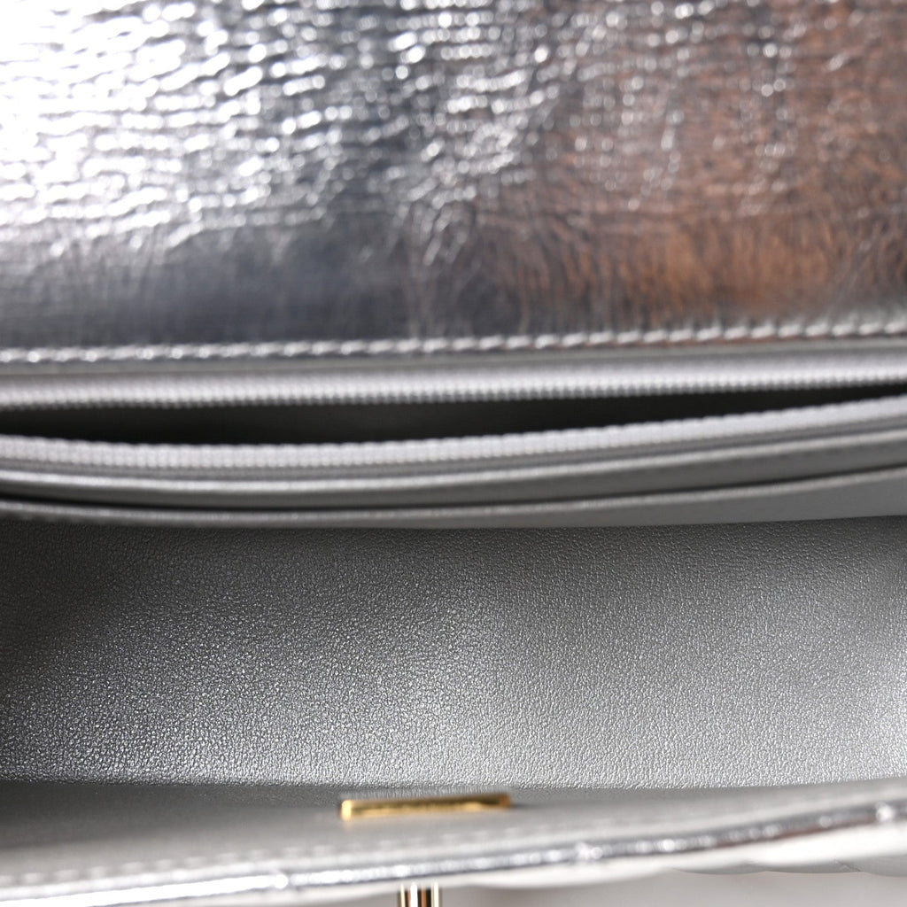 Hammered Metallic Calfskin Quilted Small Double Flap Silver wholesalehk.shop